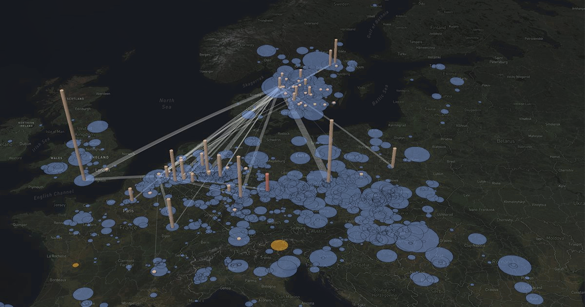 MapVisualizer — European logistics network with teal volume bars, blue demand circles, and warm-coloured highlight markers