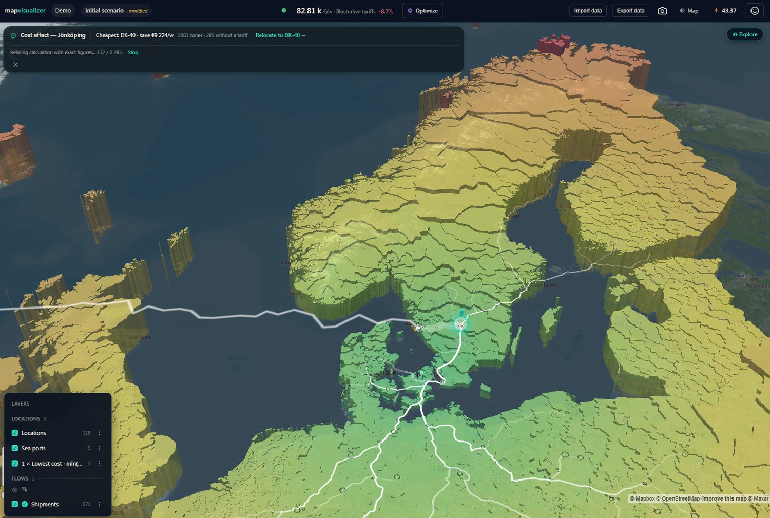 A cost landscape extruded over Scandinavia and northern Europe: green where relocating is cheapest, rising through yellow to red in the far north — the still frame of the video.