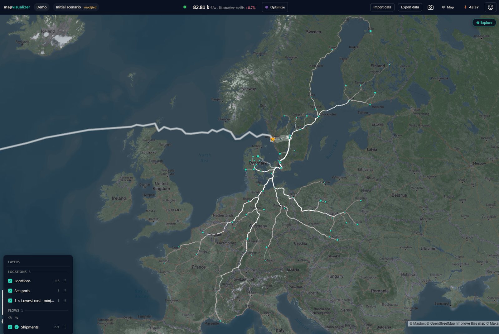 MapVisualizer showing a European logistics network: sea legs from the Atlantic into Göteborg, road flows fanning south through Germany and Poland, with the weekly cost in the top bar.